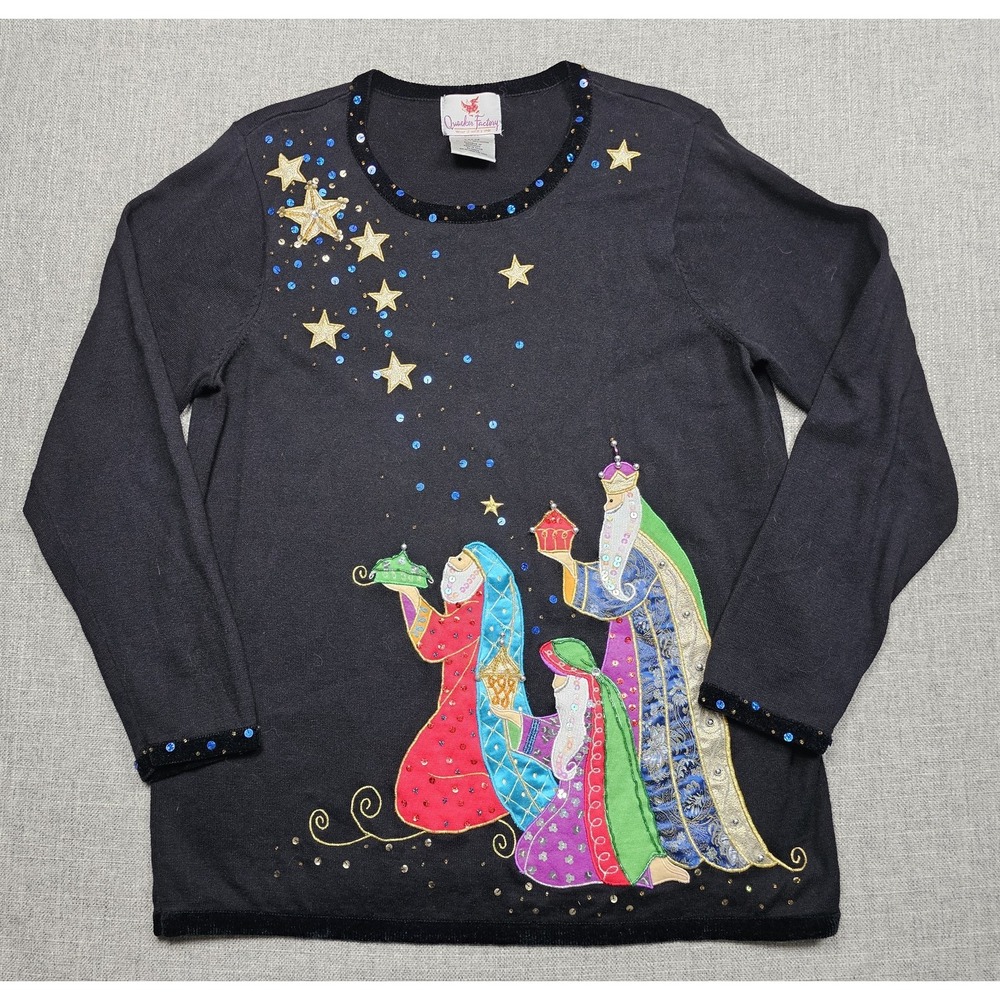 Quacker Factory Sweater Womens Large Black Nativity Christmas Sequin Pullover